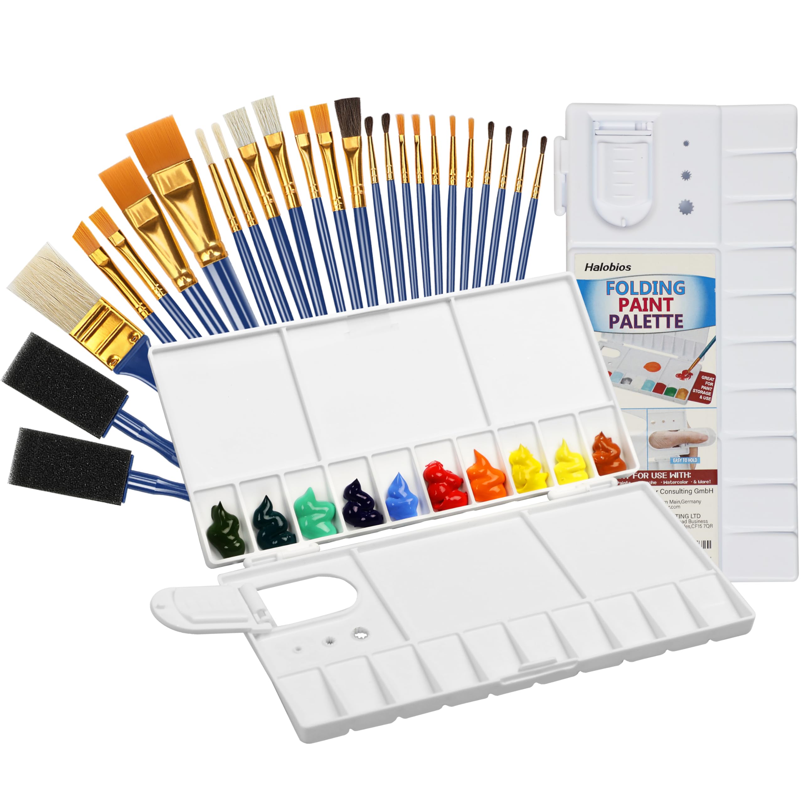 Halobios 25-Well Folding Palette with 25 Pcs Painting Brushes Set for Acrylic Oil Watercolor Gouache Painting & Crafts Kit, Art Painting Class, Art Supplies suitable for Artists, Adults & Kids