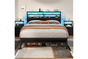 Furnulem Queen Bed Frame with Headboard & 2 Fabric Drawers, Bed Frame Queen Size Featuring LED Lights, Built-in Charging Station & Storage Shelves, Metal Slats, No Box Spring Needed – Black Oak