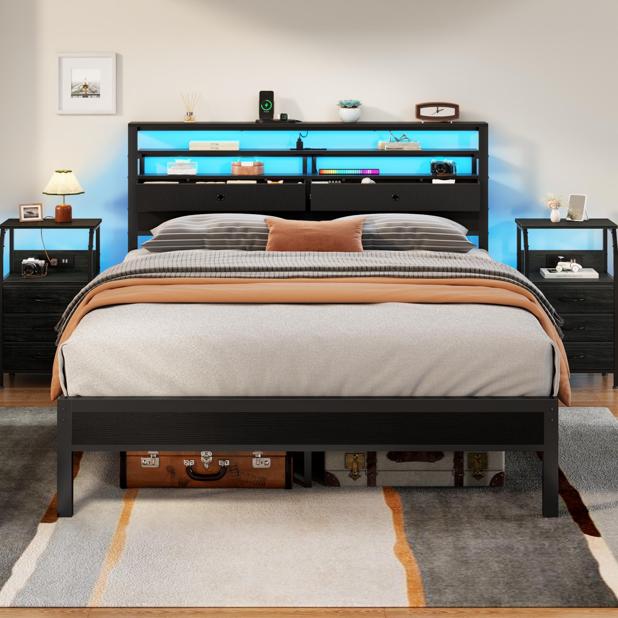 Photo 1 of INCOMPLETE SET*******Furnulem Queen Bed Frame with Headboard & 2 Fabric Drawers, Bed Frame Queen Size Featuring LED Lights, Built-in Charging Station & Storage Shelves, Metal Slats, No Box Spring Needed – Black Oak