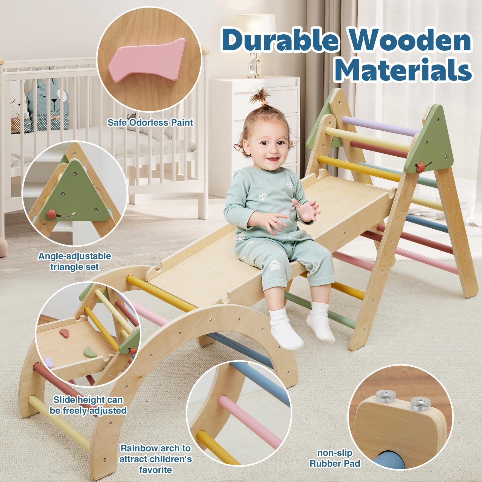 Pikler Triangle Set 7 in 1 Wooden Climbing Toys for Toddlers 1-3 Inside Baby Climbing Gym Montessori Foldable Climbing Set Baby Jungle Gym Indoor Philosophy Climber with Arch & Ramp & Ladder Climber