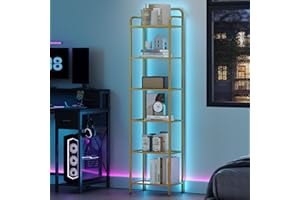 Hzuaneri Gold Bookshelf, Tall Narrow Bookcase with LED Lights, Tempered Glass Bookshelves with Steel Frame, Display Shelf, Sl