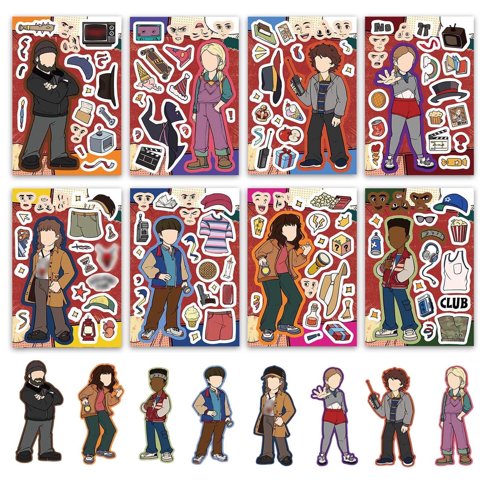 8 Sheets DIY Funny Stickers, Strange Make a Face Stickers for Kids, Adults, Fans, Waterproof Vinyl Anime Stickers with Interchangeable Faces for Laptop, Helmet, Scrapbook, Guitar