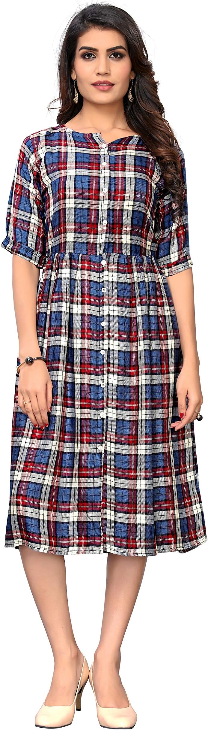 DiEGO Women's Rayon Twill Viscose Checkered Skater Long Dress