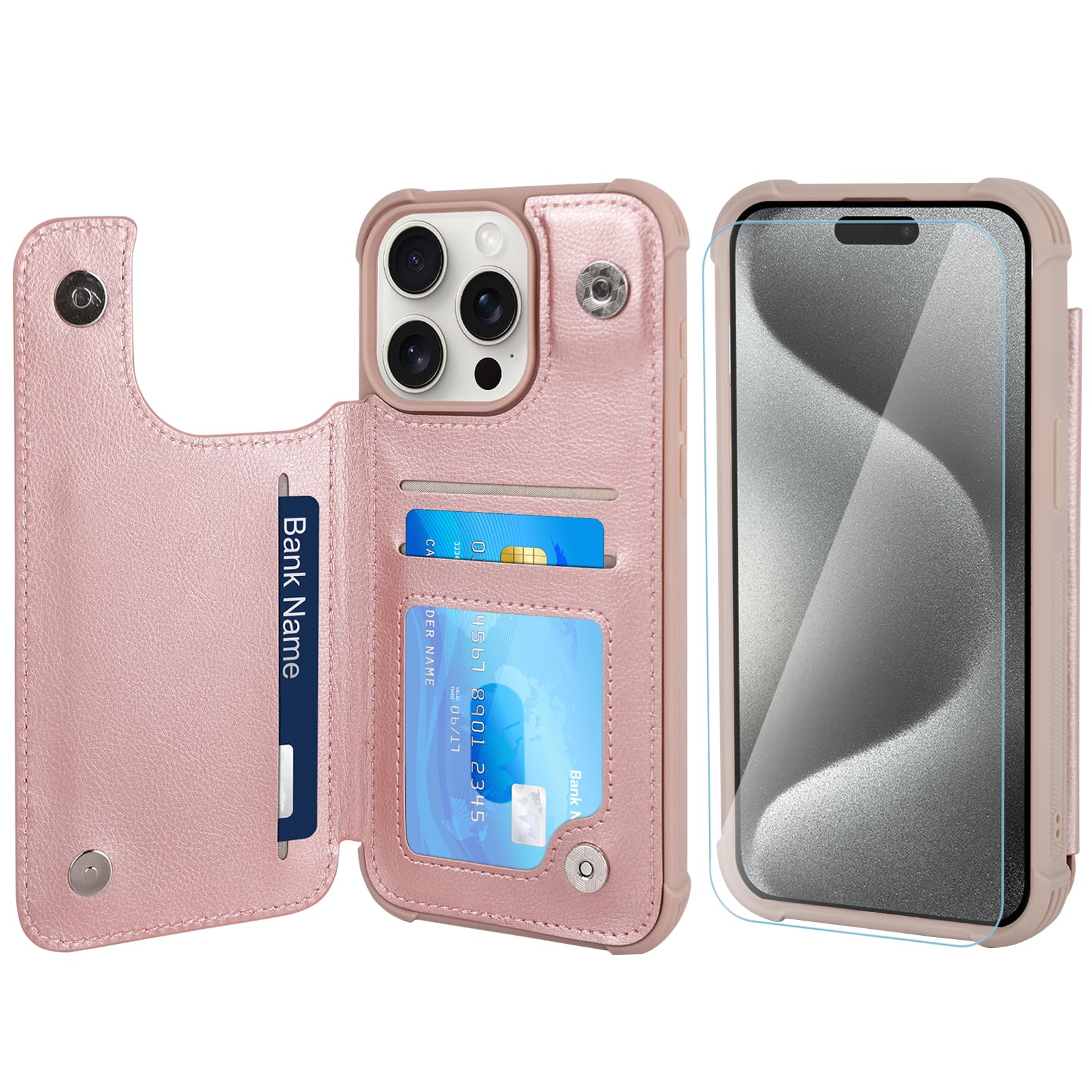 VANAVAGY Wallet Case Compatible for iPhone 15 Pro Max,Leather Flip Folio Shockproof Phone Cover Fit Magnetic Car Mount [Screen Protector Included] with Credit Card Holder, Rosegold