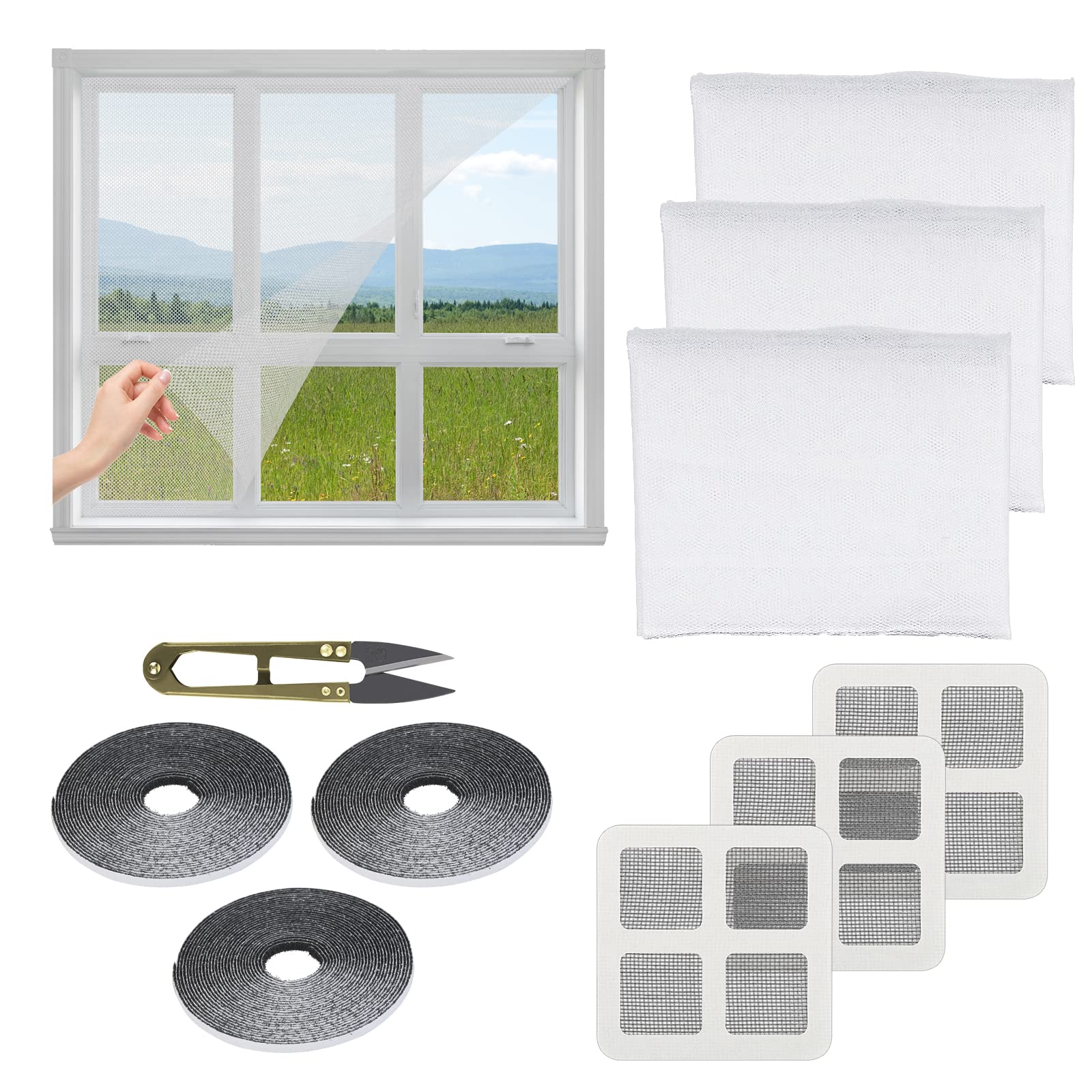 PATAZOK 3 Pack Mosquito Net for Windows 1.3 * 1.5m Anti-mosquito Window Net DIY Fly Screen Mesh Insect Mesh Curtain Bug Bee Protector with Tapes Patch Scissor for Home Bedroom Window Door,White