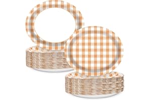 EggSun Fall Orange Gingham Oval Paper Plates 10’’x 12’’, Autumn Large Disposable Heavy Duty Orange Gingham and White Plaid Paper Plates for Birthday Wedding Baby Shower Tea Party Supplies, 50 Guest