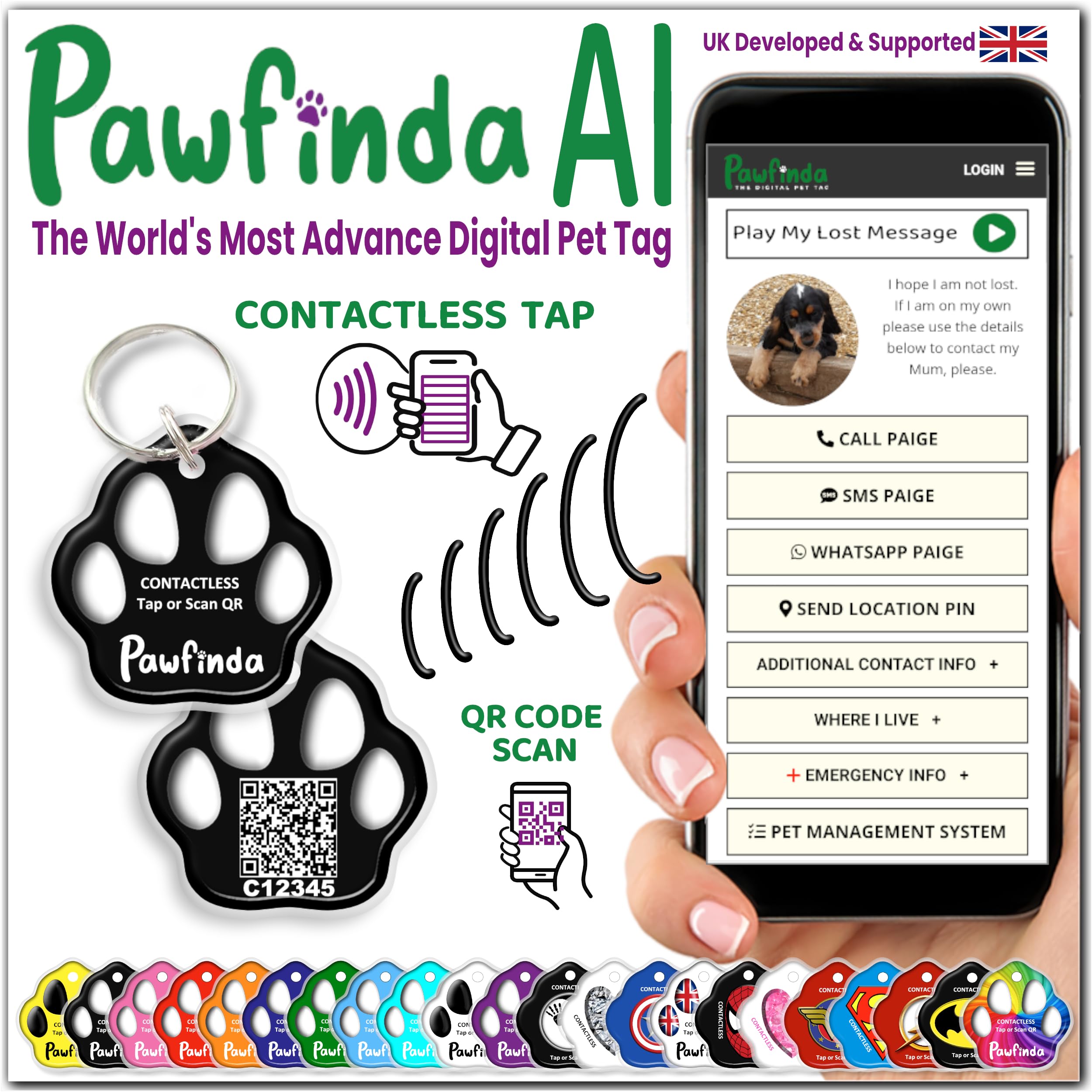 PAWFINDA – Next-Generation Personalised Cat & Dog ID Tag | Engraved Pet Tag with CONTACTLESS NFC, QR Code Technology & PawVoice AI | No App Required | Waterproof & Durable | UK-Based Support