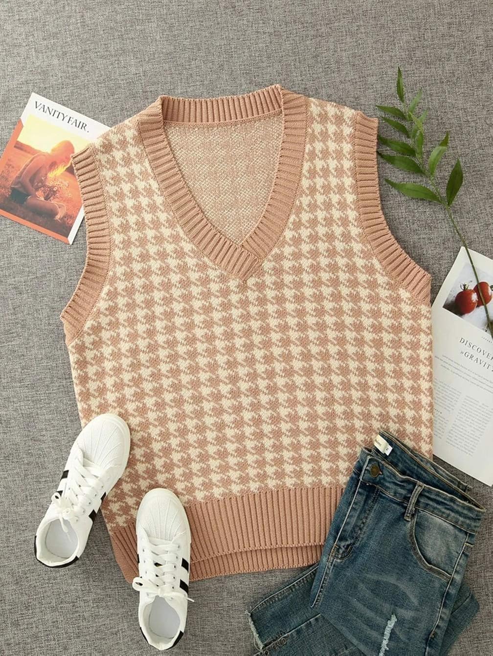 Sdencin Women Houndstooth Pattern Knit Sweater Vest Sleeveless Loose V-Neck 90s Waistcoat Pullover Knitwear Top at  Women’s Clothing store
