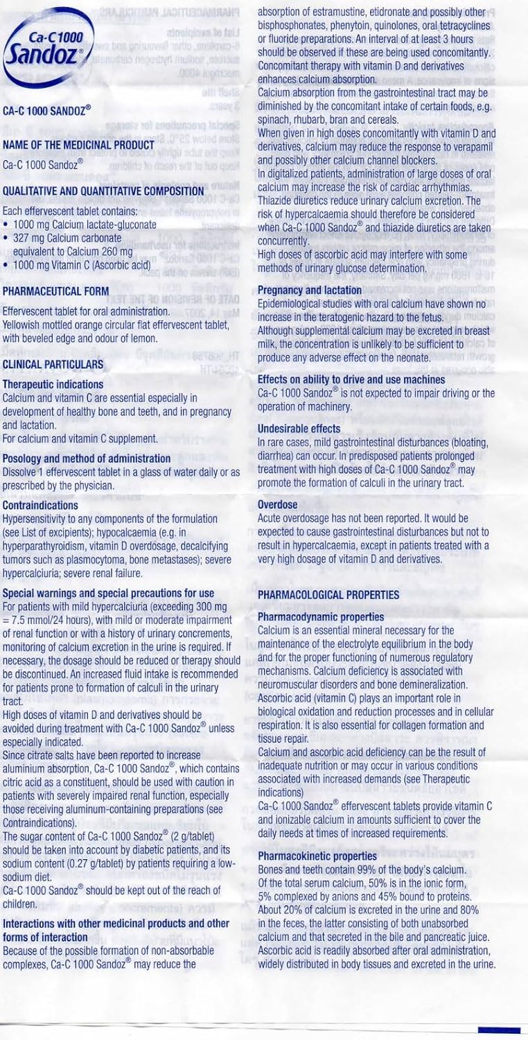 Amazon.com: Ca-C 1000 Sandoz Effervescent (10 Orange Flavor Tablets) Calcium 260 mg + Vitamin C 1000 mg Are Essential Especially in Development of Healthy ...
