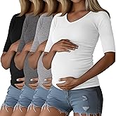 Ficerd 4 Pack Women’s Maternity Shirts, Cotton Half Sleeve Pregnancy Tops Ribbed V Neck Casual Slim Fit Maternity Clothes