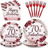 96Pcs Burgundy 70th Birthday Party Supplies Rose Gold Floral 70 and Fabulous Plates and Napkins Tableware Sets for Womens Burgundy Happy 70 Years Old Birthday Decorations Serves 24