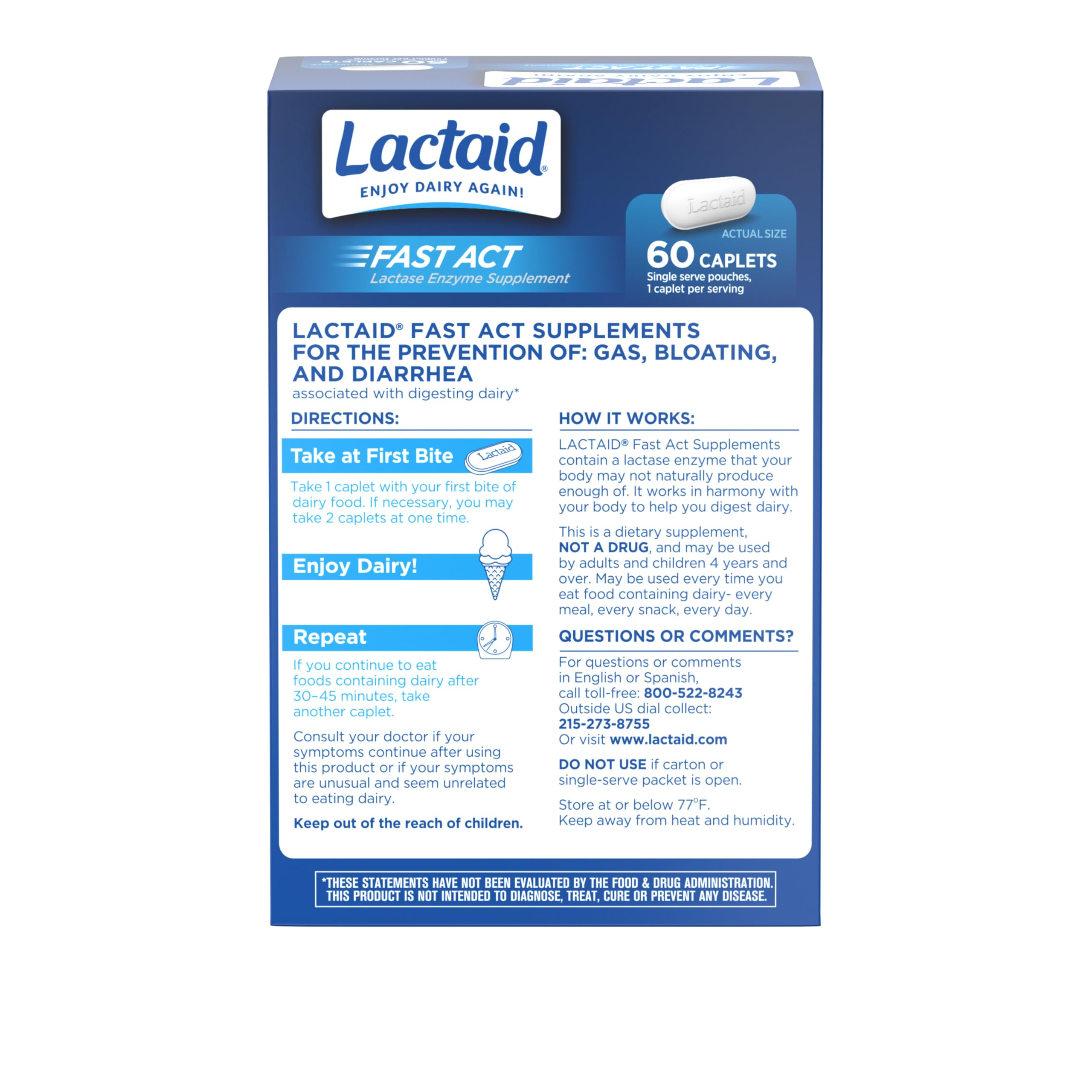 Lactaid Fast Act Lactose Intolerance Relief Caplets, Lactase Enzyme to Prevent Gas, Bloating and Diarrhea Due to Lactose Sensitivity, Single-Serve Supplements for Travel and On-The-Go, 60 Count