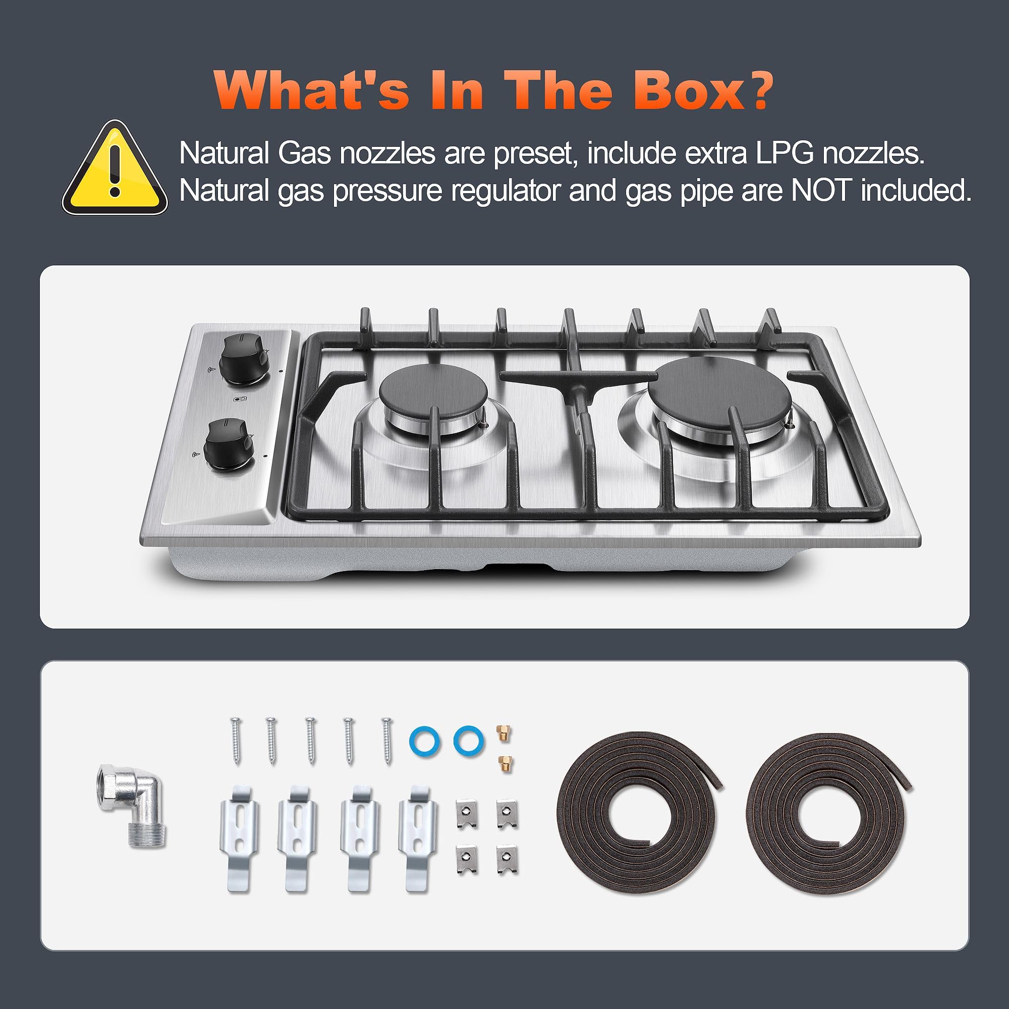 2-Burner Gas Cooktop with Thermocouple Protection - NG/LPG Convertible 12