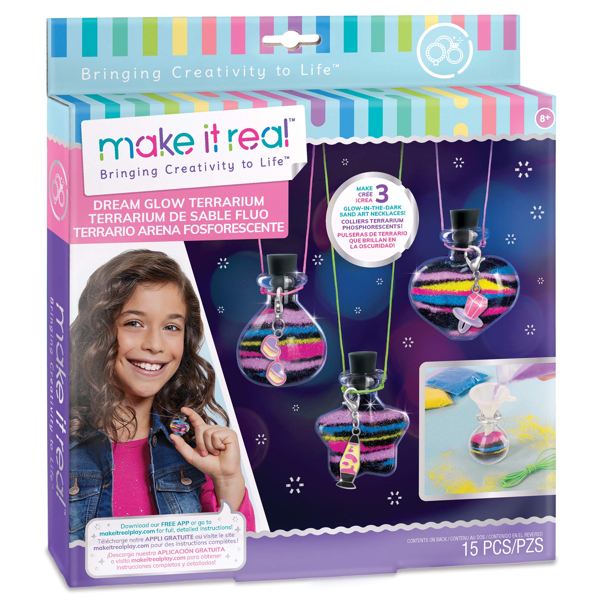 Make It Real – Dream Glow Terrarium - DIY Necklace Making Kit - Arts and Crafts Kit to Design Glowing Necklace - Terrarium Kit for Kids with Glow in The Dark Sand and Charms