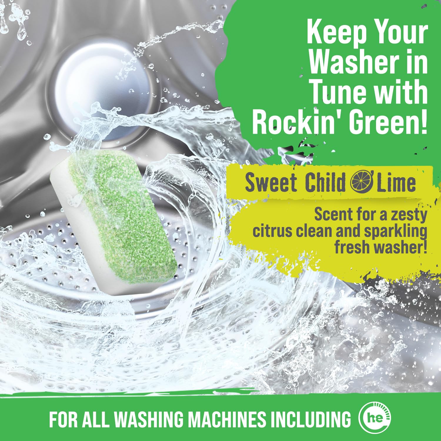 Rockin' Green Deep Cleaning and Deodorizing Tablets for Dishwashers, Washing Machines, and Garbage Disposals, Removes Odor and Residue (Washing Machine Cleaning Tablets, 8 Pack)