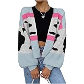 OYOANGLE Women's Graphic Long Sleeve Open Front Cardigan Oversized Drop Shoulder Fall Sweater Outerwear