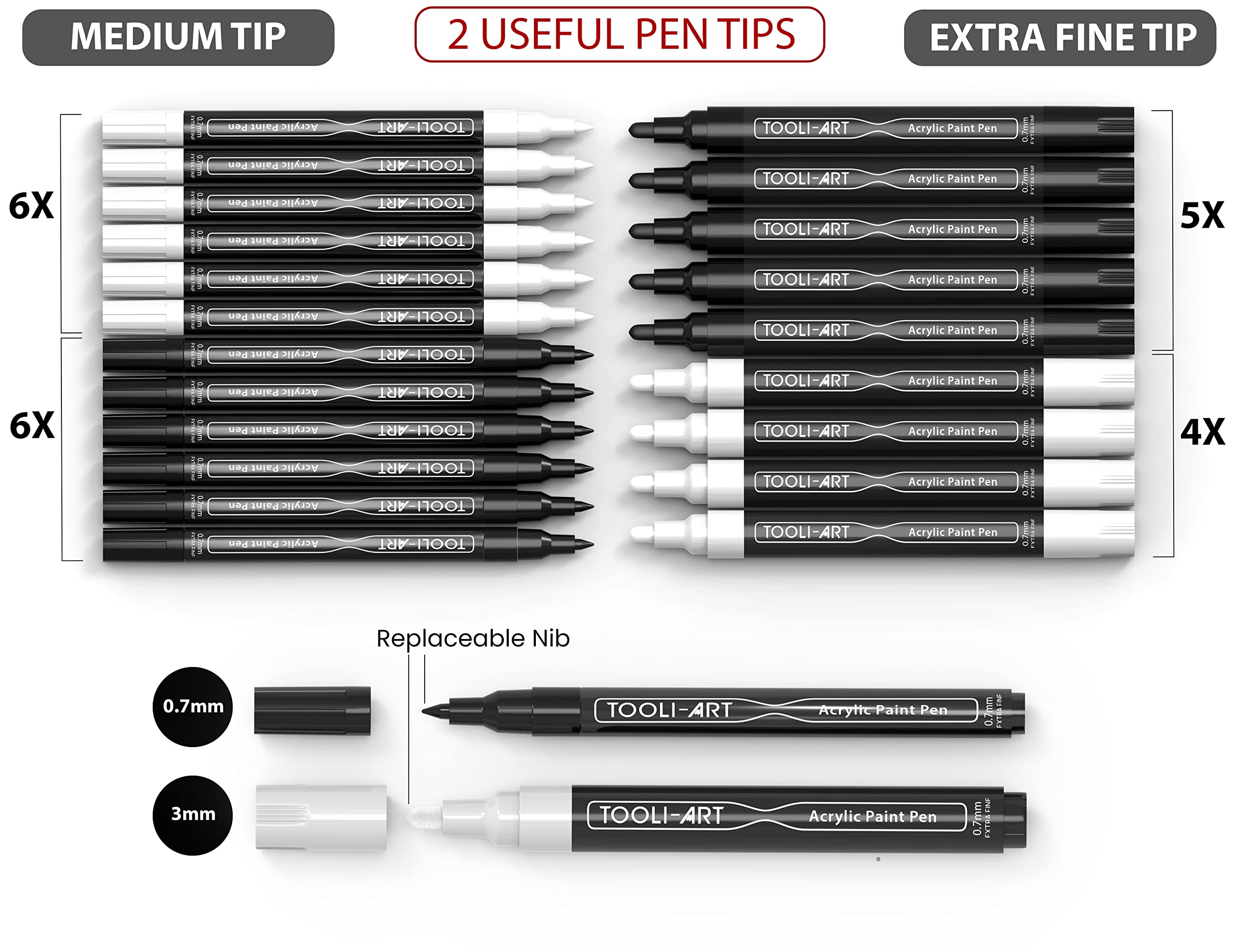 TOOLI-ART Black And White Acrylic Paint Markers Paint Pens Set For Rock Painting, Canvas, Mugs, Metal, Glass Paint, Fabric, Wood, DIY. Non Toxic, Quick Dry,Waterbas (EXTRA FINE & MEDIUM)