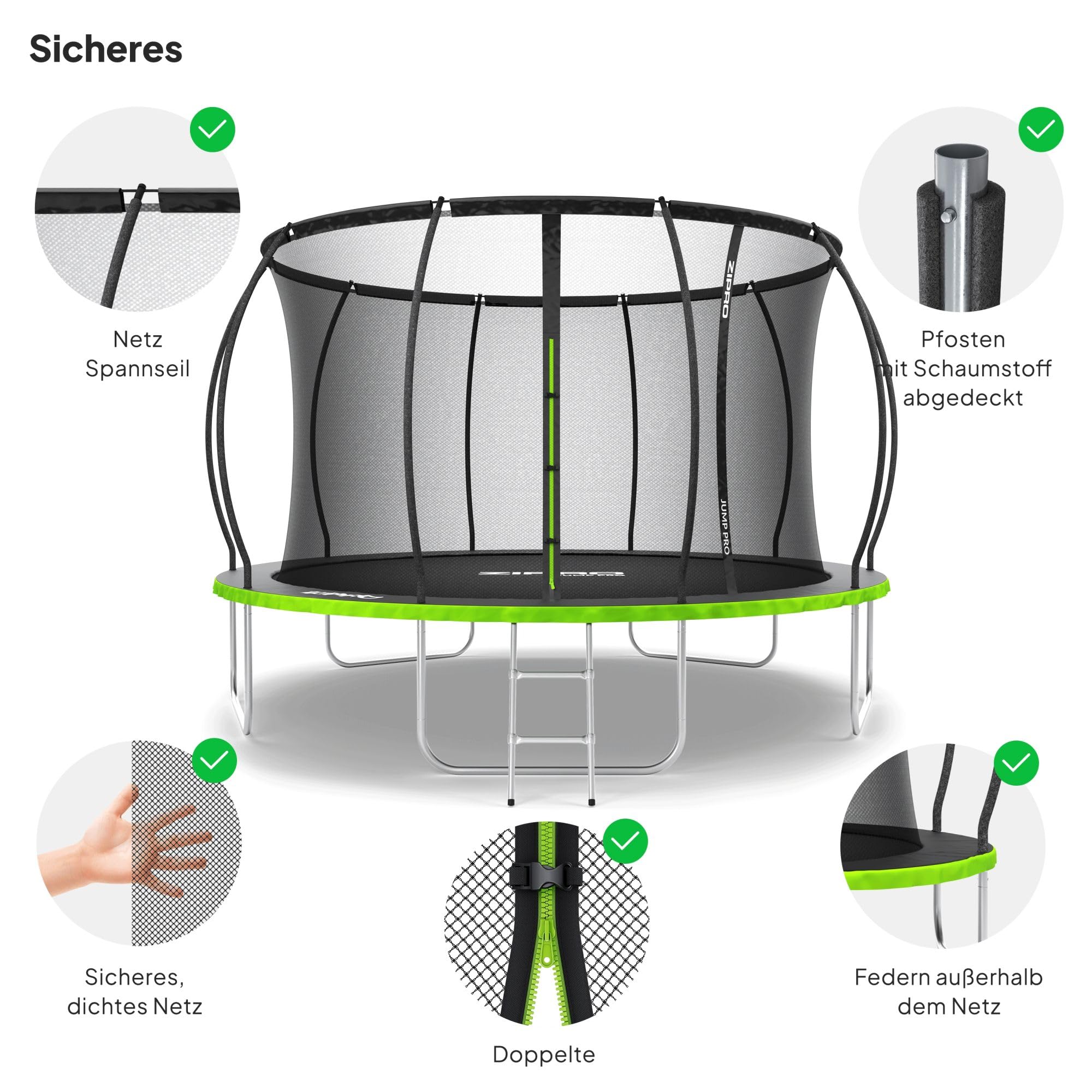 ZIPRO 12'' Jump Pro Premium Trampolin Outdoor, Ø 374cm, rundes Gartentrampolin mit Sicherheitsnetz, Bodentrampolin bis 150kg, Gartenspielzeug Kinder draußen, UV-beständig, mit Reißverschluss 6