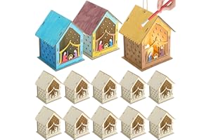 DoubleFill 12 Pcs Christmas Nativity Painting Craft Kits for Kids Nativity House Religious Craft for Kids Make Your Own Jesus House DIY Wooden Christian Christmas Ornaments for Art Sunday School