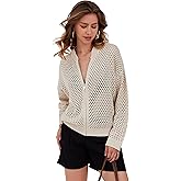 HOCANDY Womens Zip Up Crochet Cardigan Sweater Oversized Long Sleeve Hollow Out Knit Bomber Jacket Fishnet Sweaters