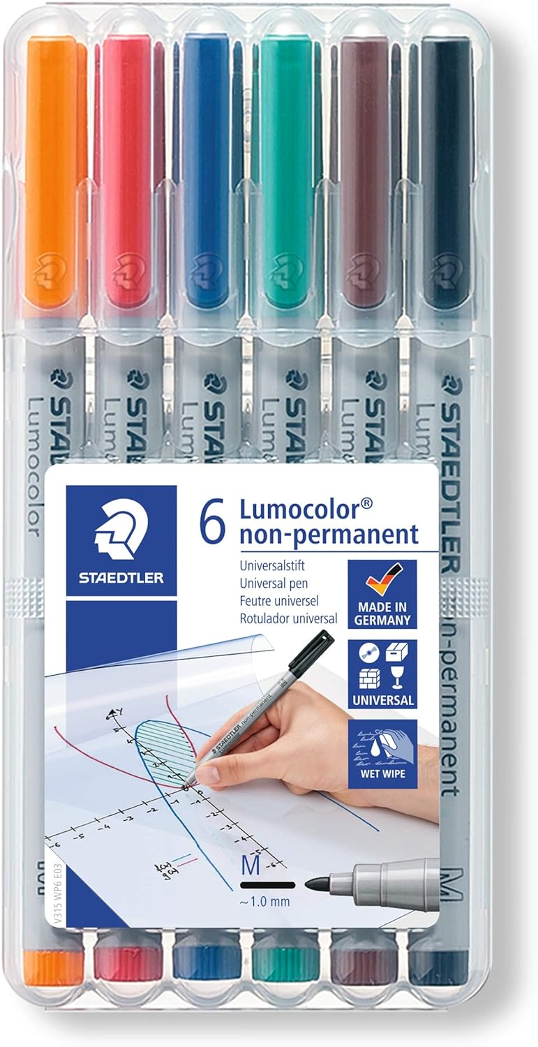 Staedtler 315 WP6 Lumocolor Universal Non Permanent Medium Pens - Assorted Colours, 6 count (Pack of 1)