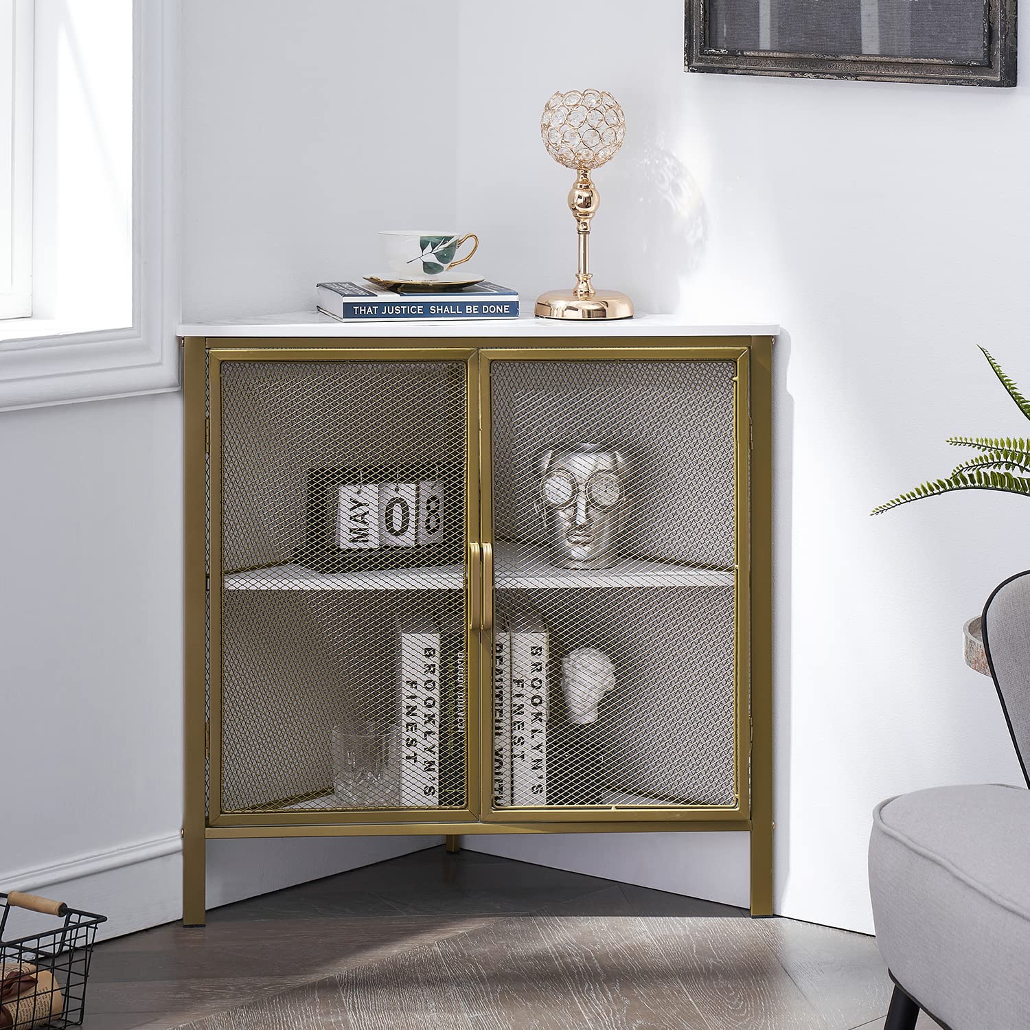 Photo 1 of **** FOR PARTS ONLY/ MISSING HARDWARE & OTHER ASSEMBLY PIECES**** VECELO Corner Cabinet/Table, 3-Tier Shelves with Protection Door, Metal Frame Storage Shelf Organizer for Small Space, Living Room, Kitchen, Bathroom, Set of 1, Gold