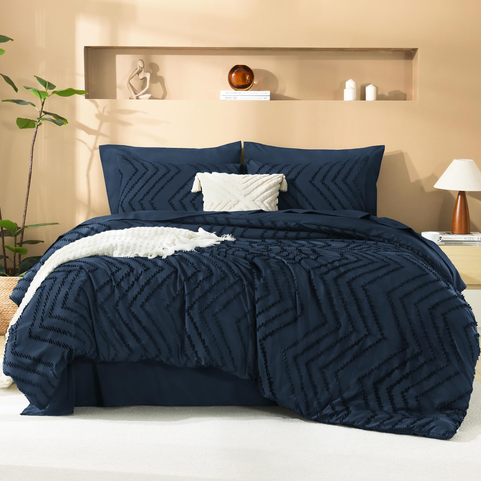 Photo 1 of Litanika Navy Blue Queen Size Comforter Set with Sheets - 7 Pieces Bed in a Bag Queen Boho Tufted Complete Bedding Sets with Comforter, Sheets, Pillowcases & Shams
