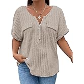 Veeiid Womens Plus Size Short Sleeve Zipper V Neck Tops Solid Color Tunic Shirts Summer 2XL-5XL