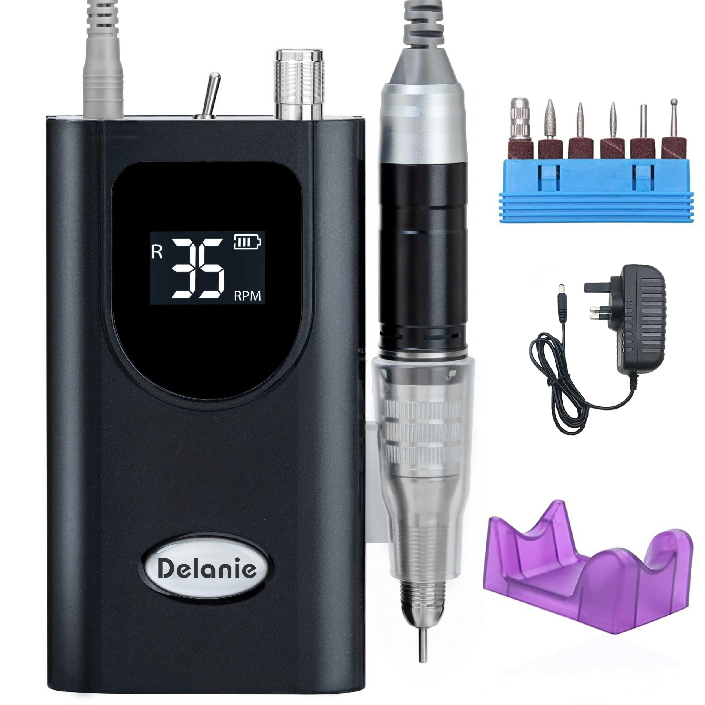 Delanie Nail Drill, 35000 RPM Electric Nail Files Rechargeable Portable E File Kit with 6 Drill Bits for Acrylic Nails and Gel Nails,UK Plug Black