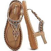 Aomigoct Sandals Women Flat Shoes: Dressy Summer Bohemian Flats Shoes for Women Sandals Comfortable Ankle Strap Outdoor Walking