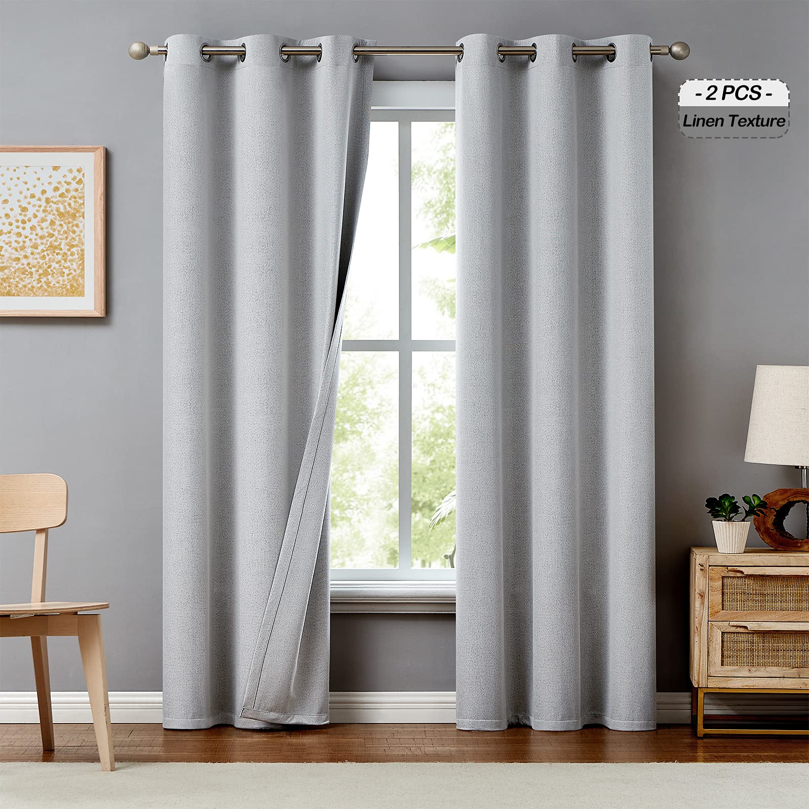 Melodieux 100% Blackout Curtains for Bedroom, Thermal Insulated Noise Reducing Linen Grommet Window Curtains for Living Room and Nursery, Off White, 42 x 96 Inch Length, 2 Panels