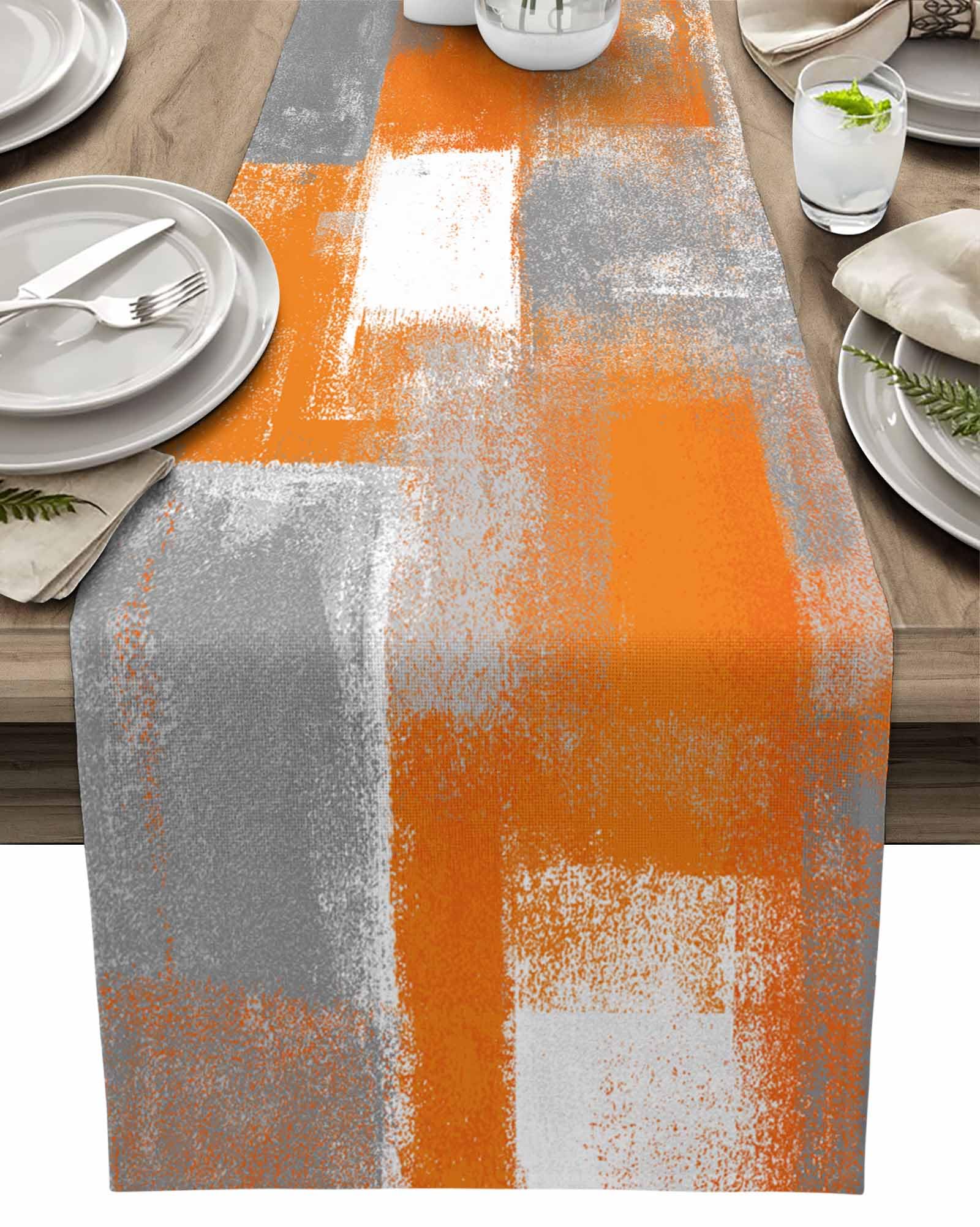 Burnt Orange Table Runner 70 Inch Long Fall Orange and Gray Modern Dinner Runners Farmhouse Dresser Scarf Grey Abstract Art Non-Slip Runners for Dining Table Holiday Parties Banquet