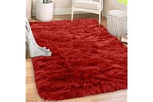 Gorilla Grip Fluffy Faux Fur Rug, 5x7, Machine Washable Soft Furry Area Rugs, Rubber Backing, Plush Floor Carpets for Baby Nursery, Bedroom, Living Room Shag Carpet, Luxury Home Decor, Red