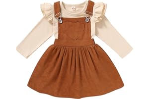 YOUNGER TREE Toddler Baby Girl Fall Outfit Long Sleeve Stripe T-Shirt and Strap Dress Overall with One Pocket Clothes Sets