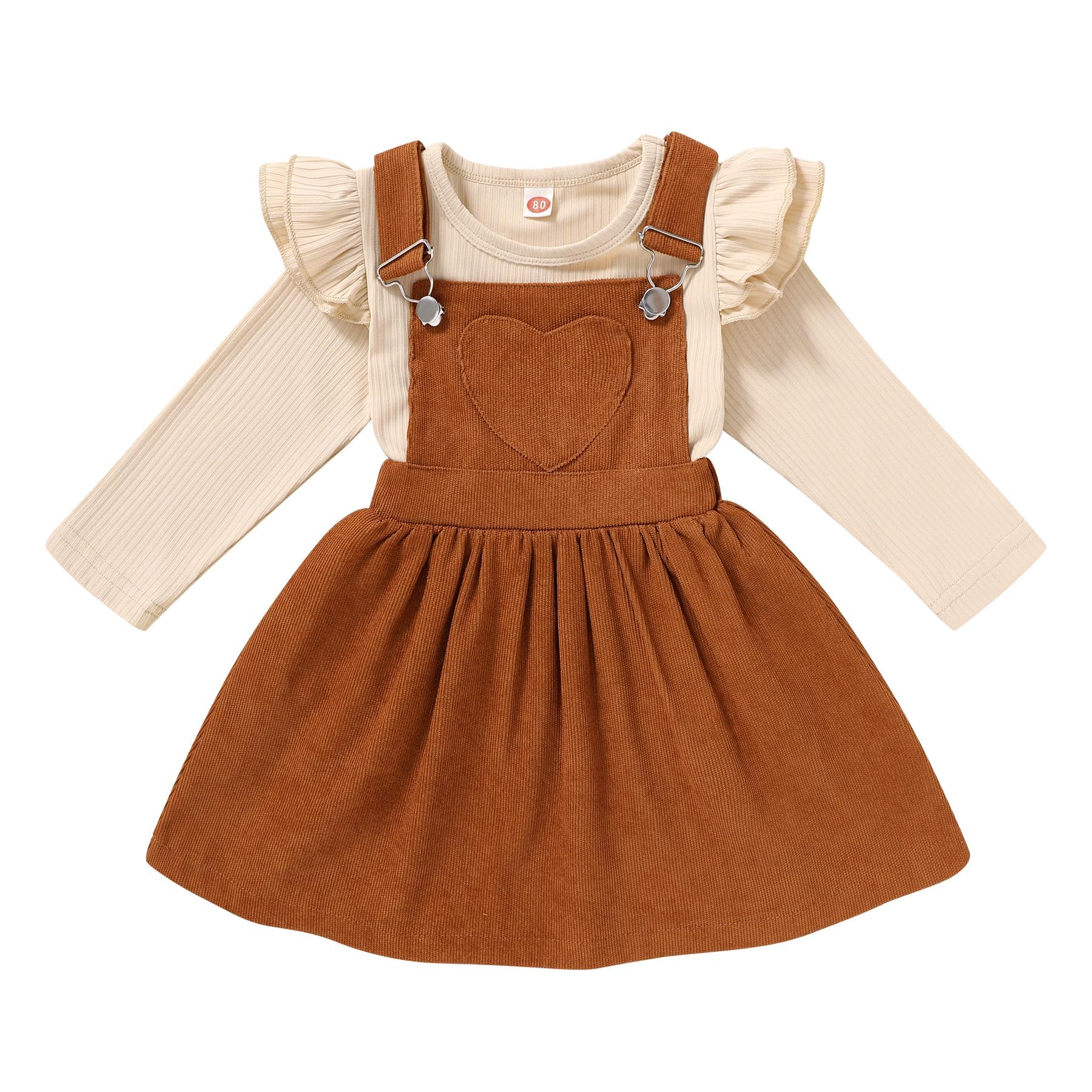 Photo 1 of YOUNGER TREE Toddler Baby Girl Fall Outfit Long Sleeve Stripe T-Shirt and Strap Dress Overall with One Pocket Clothes Sets(F3 Brown,6-12 Months)