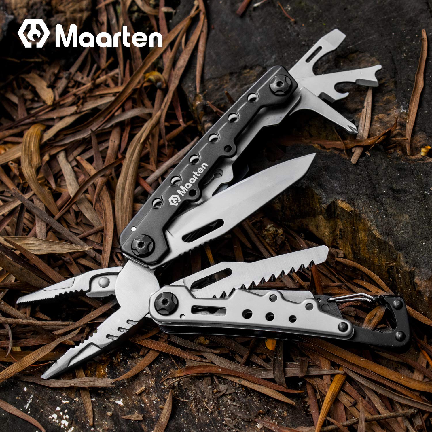 Maarten Multifunktionszange, 11 in 1 Kleines Karabiner Multitool Werkzeug, Faltbares Edelstahl Multifunktionswerkzeug mit Sicherheitsschloss und Nylonscheide, Geschenke für Männer Weihnachtsgeschenke 7