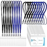 Marspark 100 Sets Clear Name Tags with Lanyard, Lanyards for ID Badges Reusable Strap with ID Holder Plastic Name Badges for Adults Business School Church Conference (Black,Blue)