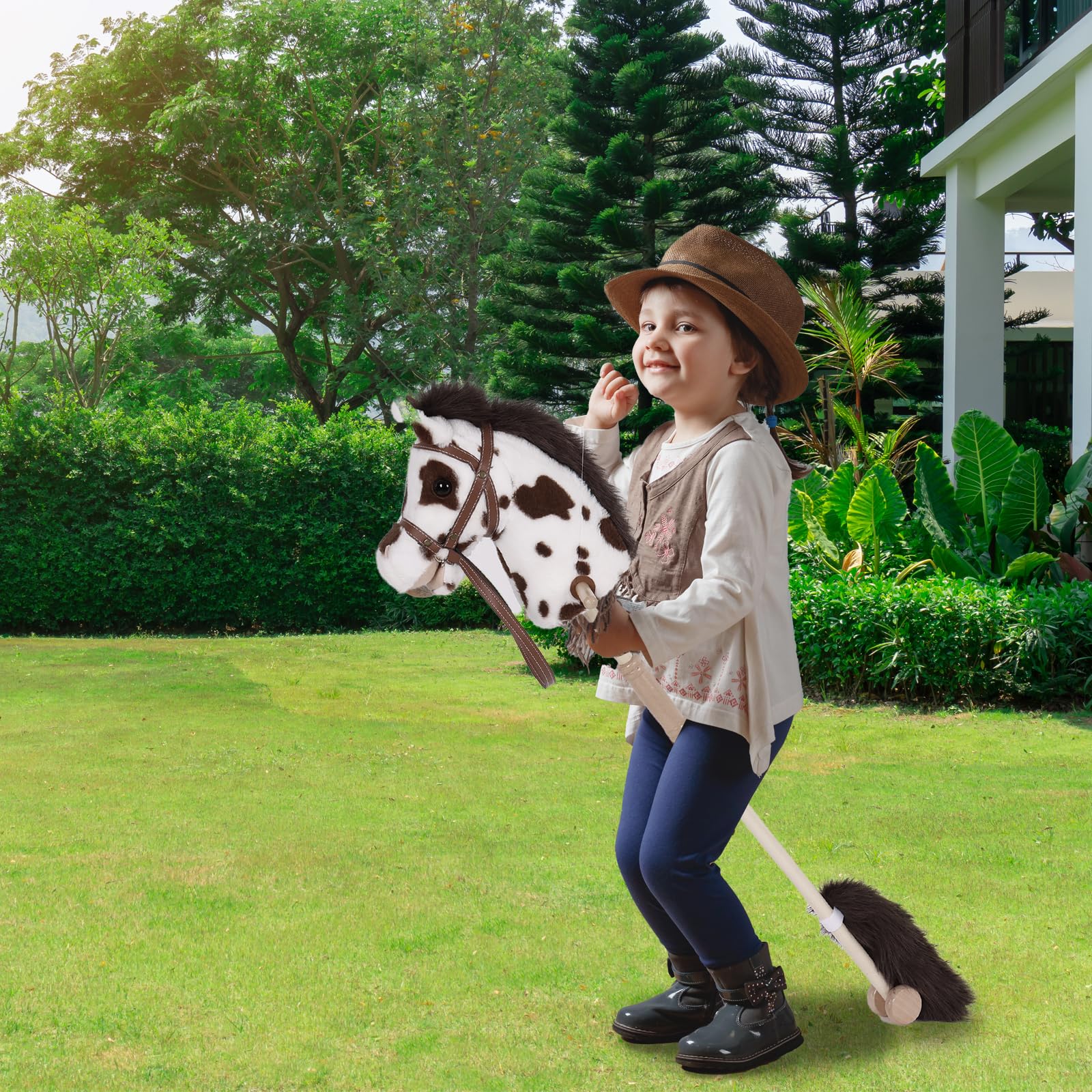 Stick Horse with Realistic Sound Effects, Hobby Horse, Wooden Pole, Handle, and Wheels, 38 Inch Tall Horse Toys Gift for Kids Toddlers 3 and Up, Black (AA Batteries Required)