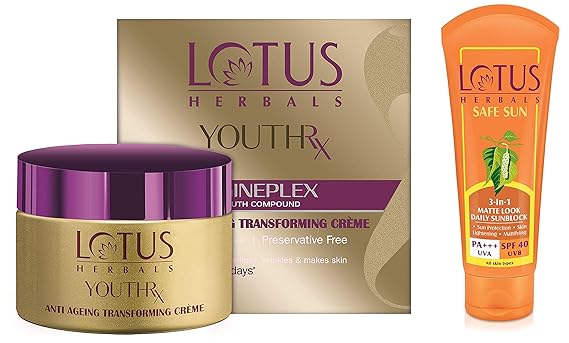 Lotus Herbals Youth Rx Anti-Aging Skin Care Range - Lotus Herbals Youth Rx Anti-Aging Transforming C And Lotus Herbals Safe Sun 3-In-1 Matte Look Daily Sunblock, Spf 40, 100G