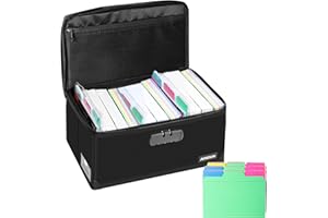 JUNDUN Index Card Holder with 48 Pieces 4x6 Inch Index Cards Dividers,Collapsible Fireproof Index Card Box with Lock fits 1200 4x6-Inch Flash Cards - Business, or Note Card Storage Boxes - Black