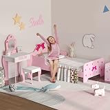 ZONEKIZ 3PC Kids Bedroom Furniture Set Bed Vanity Table Stool Pink Princess view 2