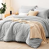 CozyLux King Size Comforter Set Light Grey Seersucker 7 Pieces Bed in a Bag King Comforter Set with Sheets, Luxury Bedding Set with Down Alternative Comforter, Sheets, Pillowcases & Shams All Seasons