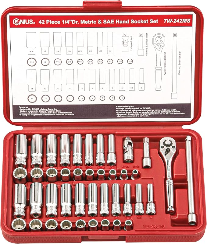 Genius Tools 42 Piece 1/4" Dr. Metric & SAE Deep Hand Socket Set (12