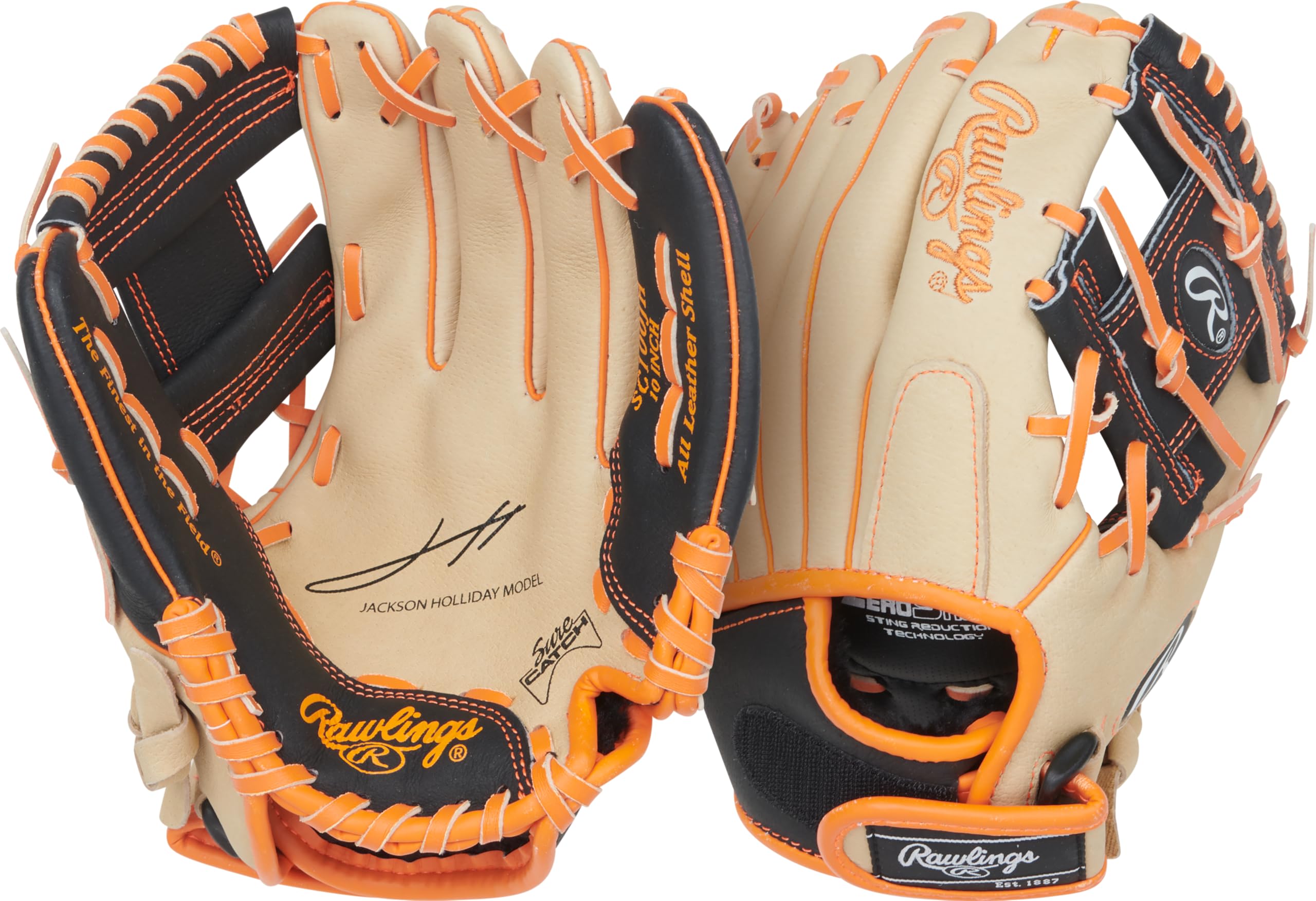 Rawlings | Sure Catch Series Youth Jackson Holiday Signature Baseball Glove | 10" | Right Hand Throw | Camel/Black/Orange Image