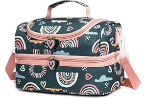 Life on track Insulated Kids Dual Compartment Lunch Bags Tote Pack for Girls Boys Toddler Kindergarten School Picnic Cooler Thermal Lunch Boxes with Strap (Green Rainbow)