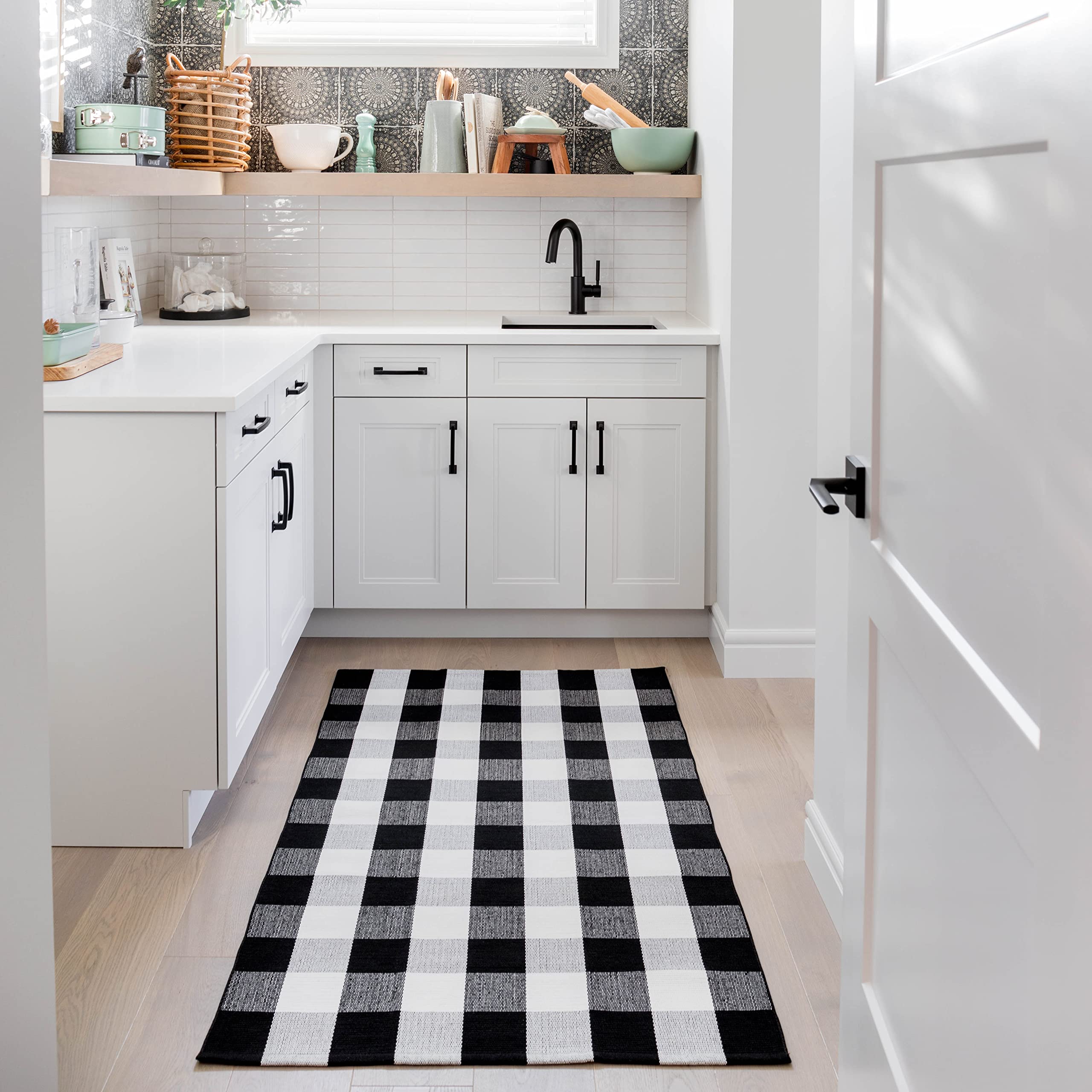 Photo 1 of Bloom & Breeze B&B Buffalo Plaid Rug, Black and White Chekered Rug, Outdoor Runner Rug for Layering, Front Porch Rug, Buffalo Plaid Outdoor Mat, Washable Chekered Runner Rug (36" x 60")