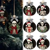 Civaner 24 Pack Christmas Ornament Xmas Tree Decorations, Christmas Skull | Halloween Skeleton Wooden Ornament, Round Hanging Decor with Bow and Bead, Christmas Tree Decor, Holiday Party Supplies