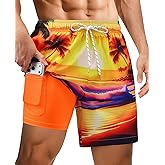 Gleeease 7inch Mens Swim Trunks: with Compression Liner Zipper Pocket Drawstring Quick Dry Stretch Lined 3D FunnyBeach Pool