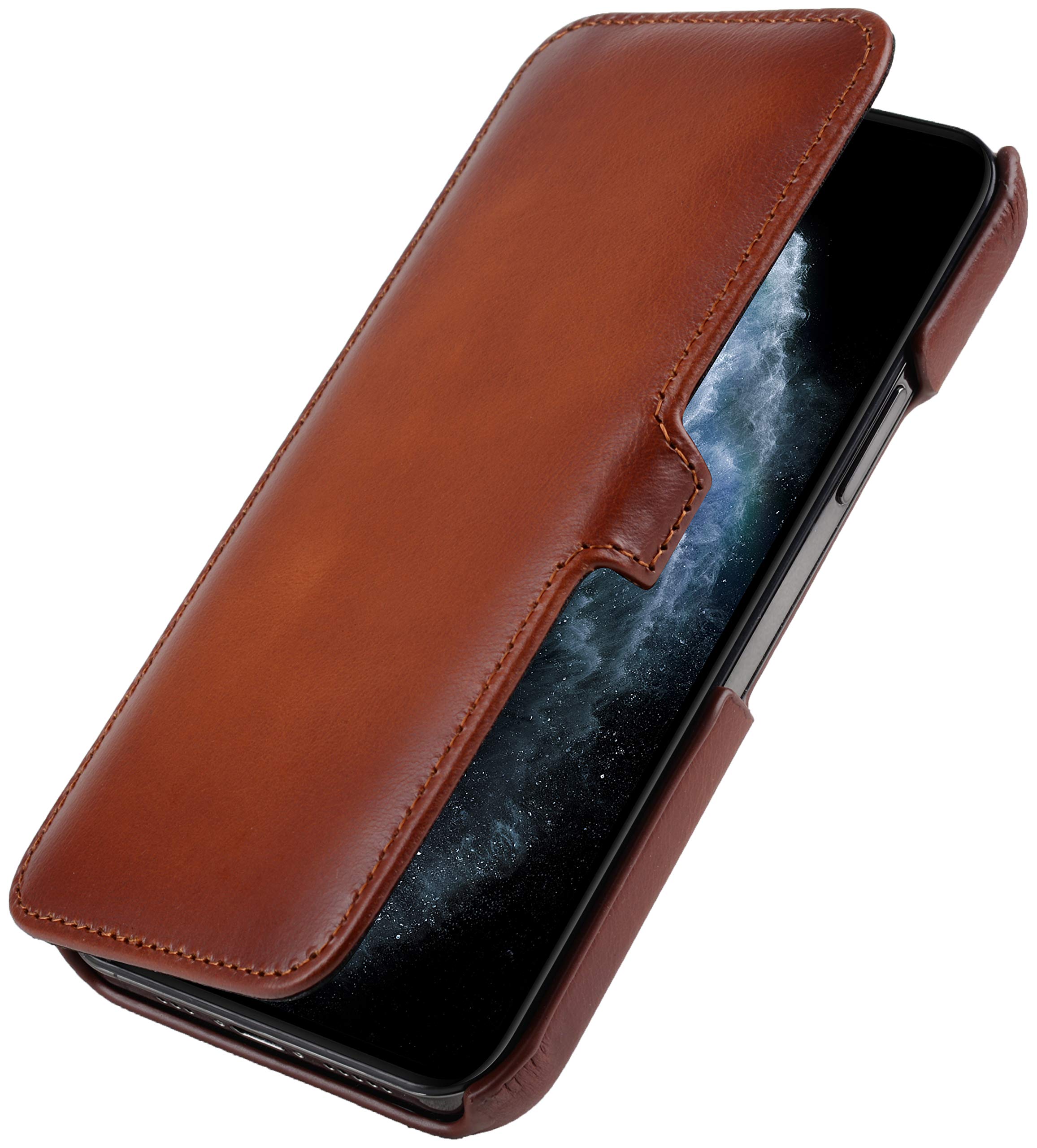 StilGut Book Type Flip Case for iPhone 12 Pro Max (6.7"), Genuine Leather iPhone 12 Pro Max Case with Closure, Cognac Antique