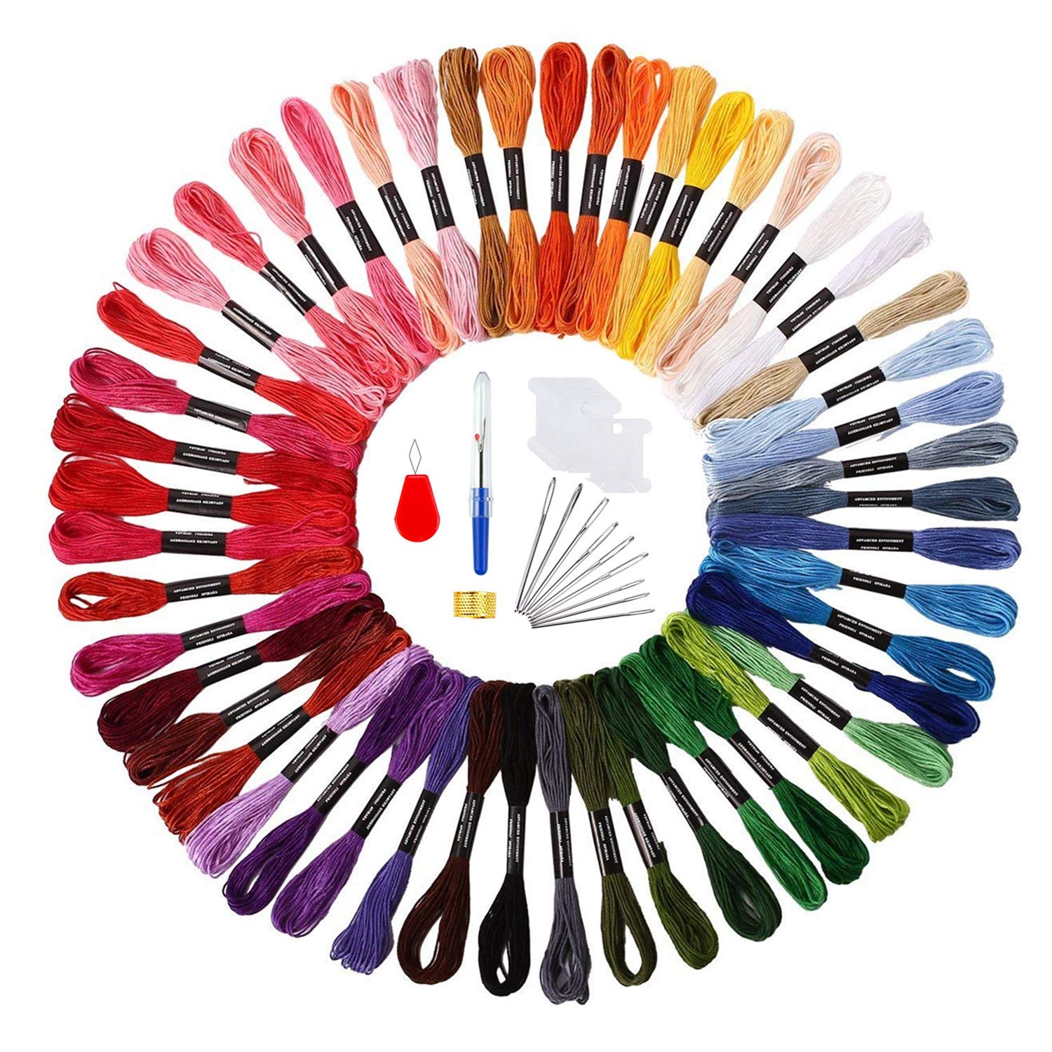 Embroidery Floss Thread 72 Kit TICOSH Premium Rainbow Colors Craft Floss for Friendship Bracelets String Cross Stitch Floss with 9 Needles, 10 Floss Robbins, 1 Needle-Threading, 1 Thimble and 1 Untwist Tool (50)